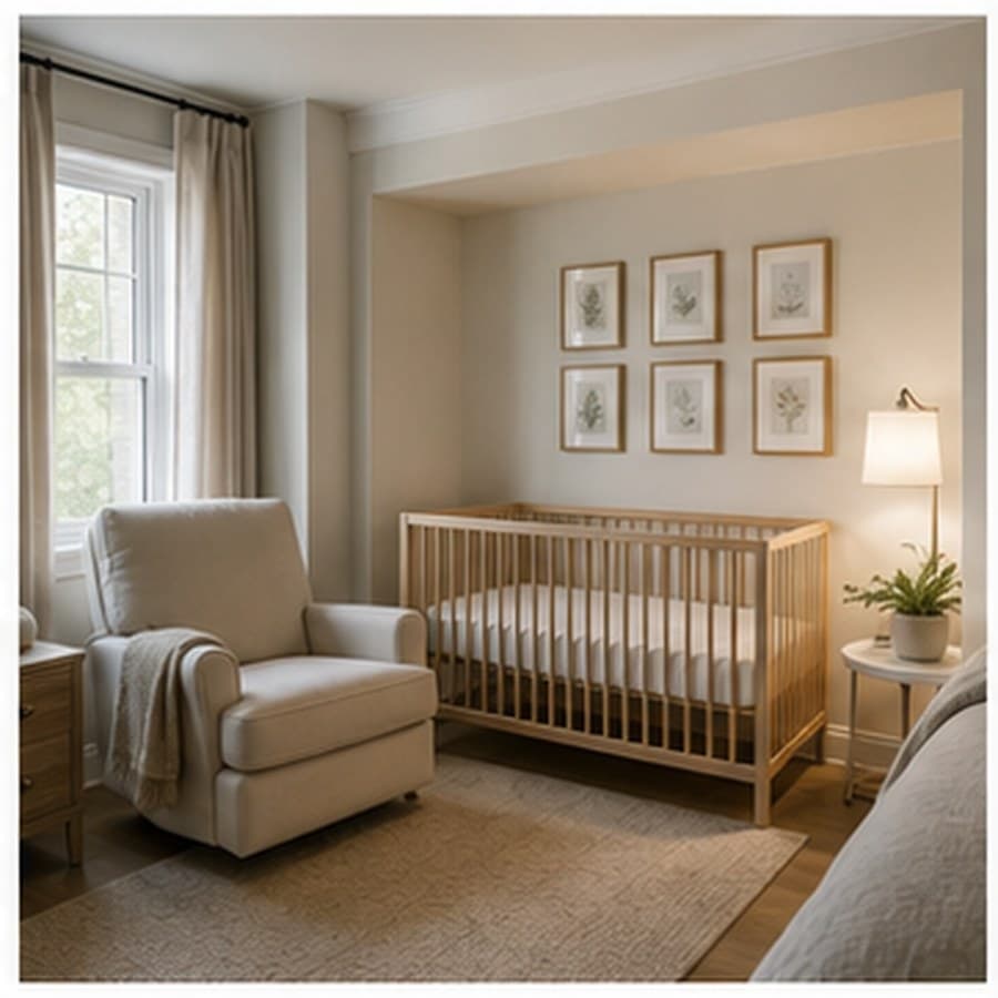 Apartment nursery concept with a compact crib, glider, storage, and warm light.