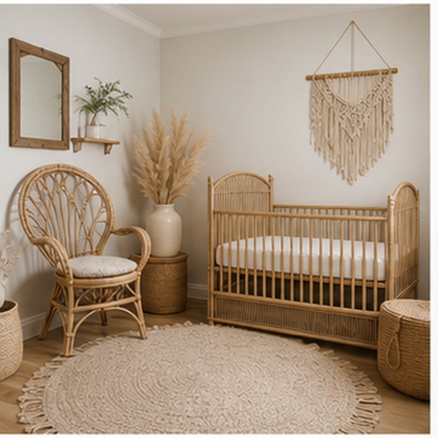 Generated boho nursery with rattan chair, macrame hung away from the crib, and natural textiles.
