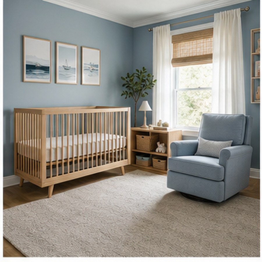 Generated muted blue baby boy nursery with a wood crib and glider.