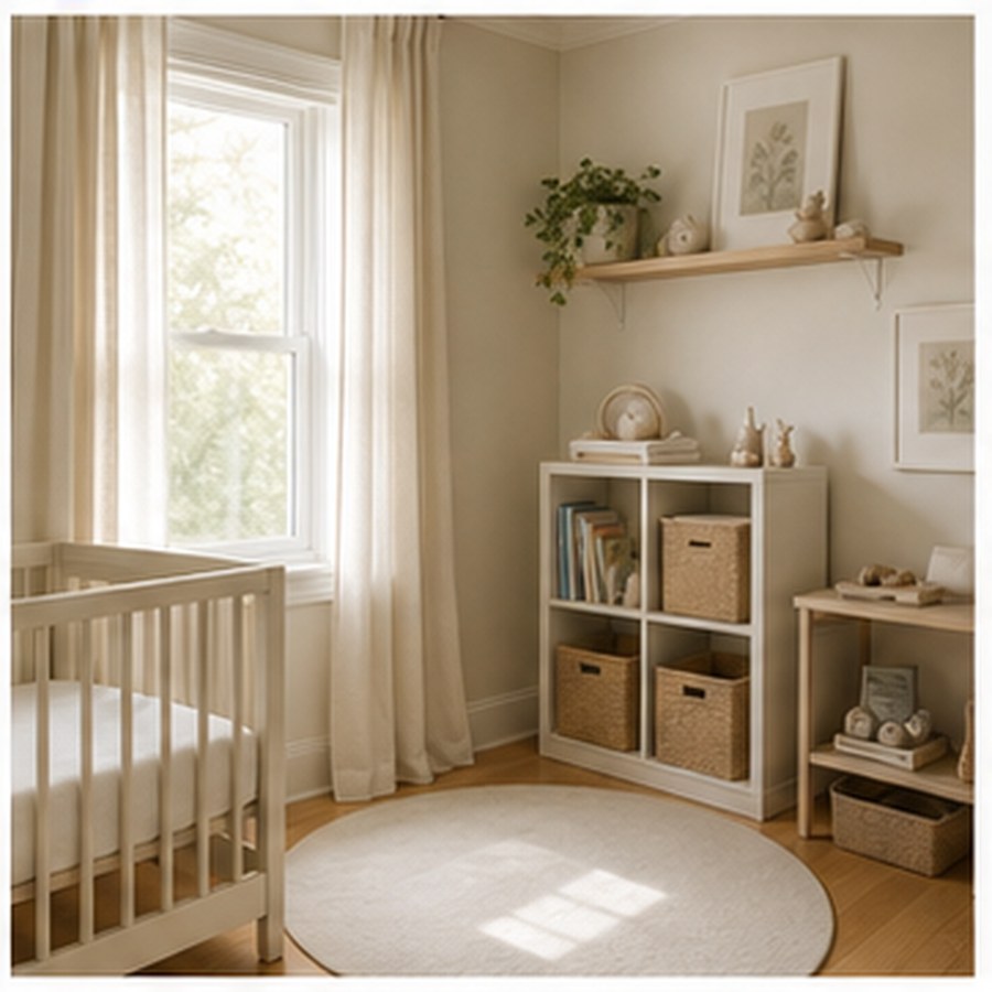 Generated nursery corner with crib, storage shelves, and safe clearances.