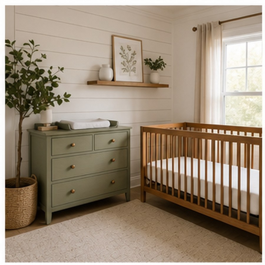 Generated farmhouse nursery with painted dresser, shiplap wall, and wood crib.