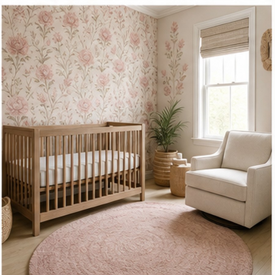 Generated floral nursery with pale rose wallpaper, wood crib, and soft rug.