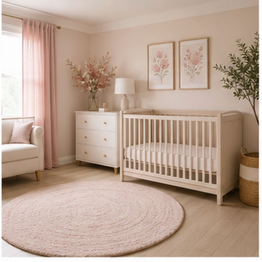 Generated blush baby girl nursery with floral art and an empty safe crib.