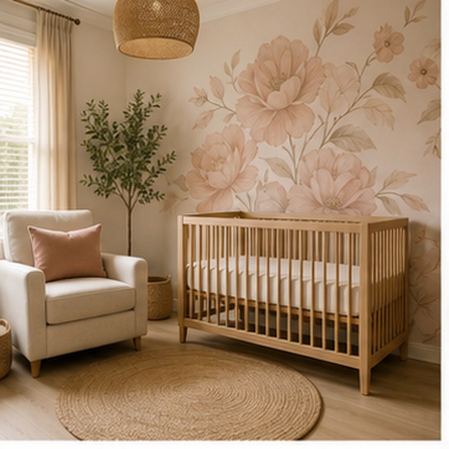 Generated warm nursery with blush mural, wood crib, and glider.