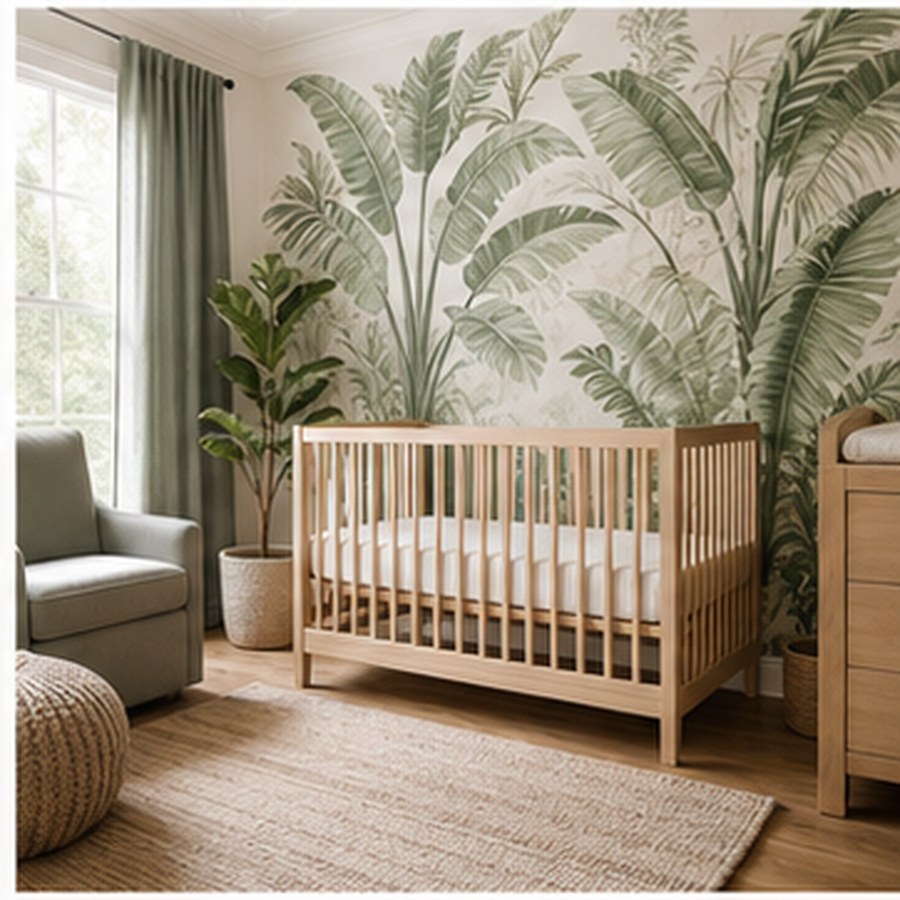 Generated jungle nursery with leafy mural, natural crib, and clean safe floor plan.