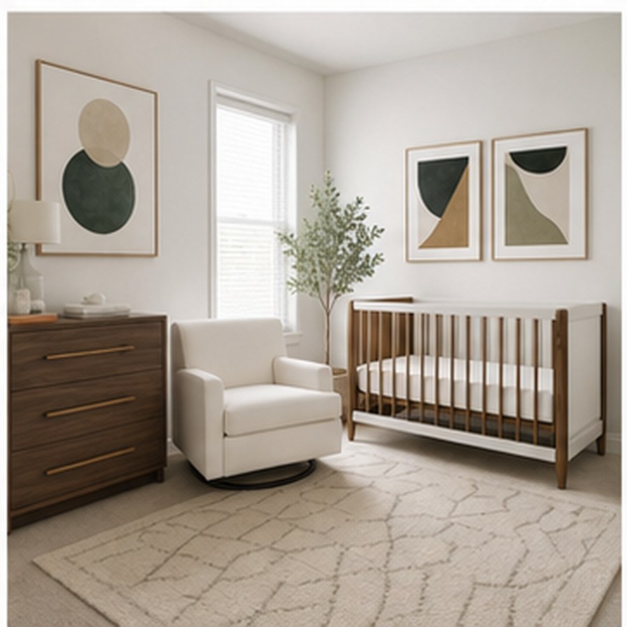 Generated modern nursery with simple art, walnut dresser, white chair, and safe crib.