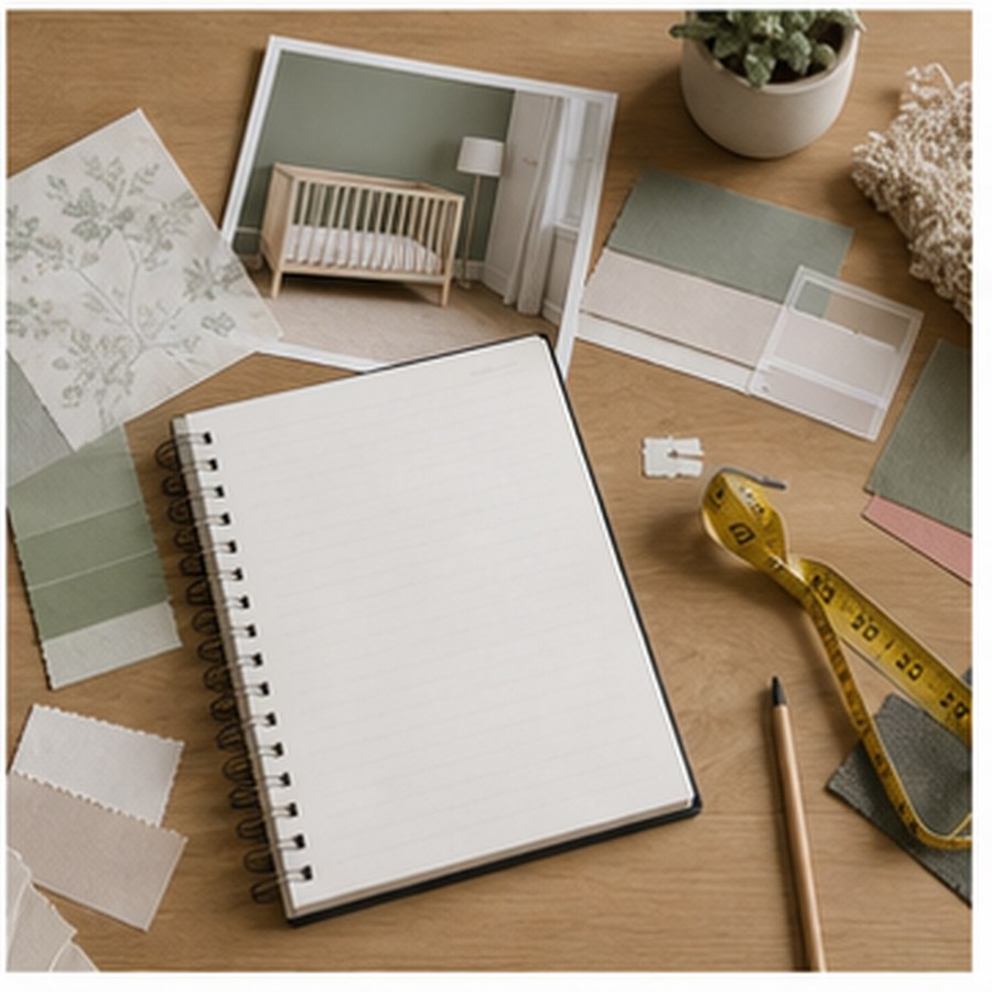 Generated nursery planning desk with notebook, swatches, and nursery mood board.