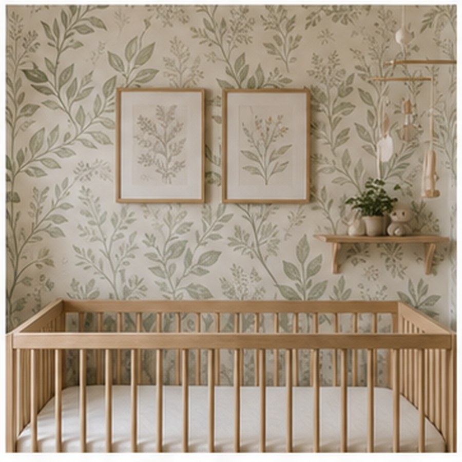 Generated nursery decor wall with botanical art, safe shelf, and soft wallpaper.