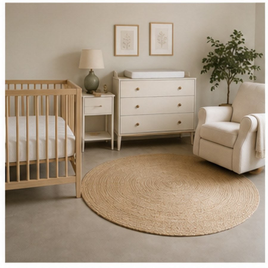 Generated nursery furniture scene with crib, dresser, glider, lamp, and rug.