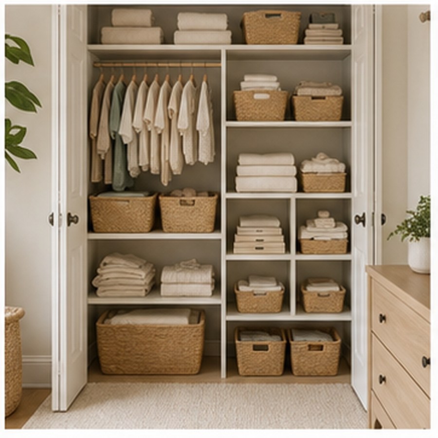 Generated nursery closet organization with baskets, folded clothes, and shelves.