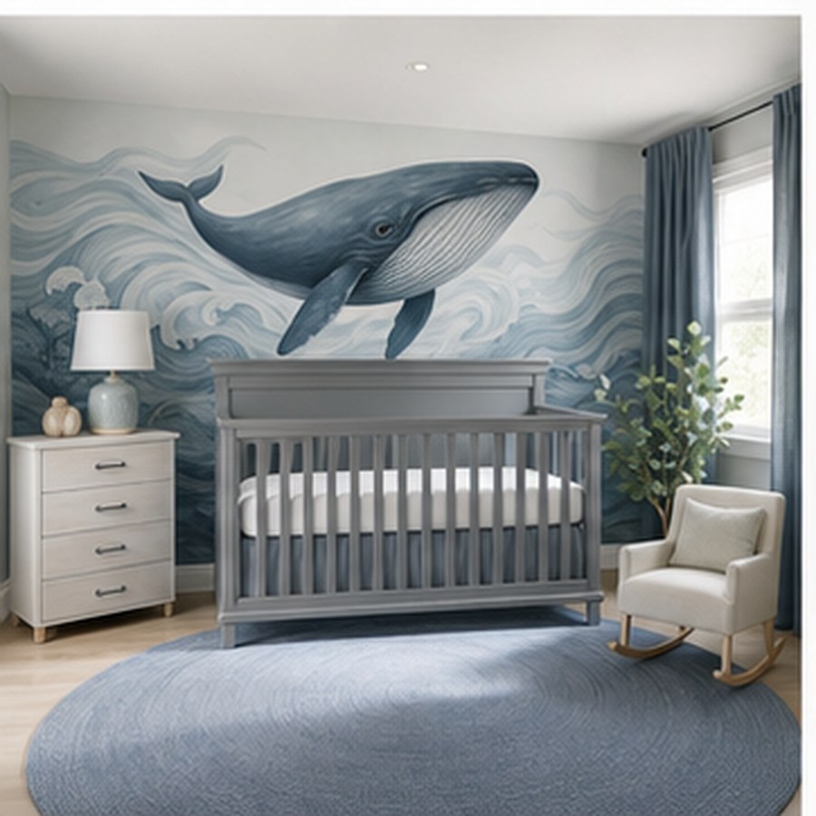 Generated ocean nursery with whale wall art, muted blue palette, and empty crib.