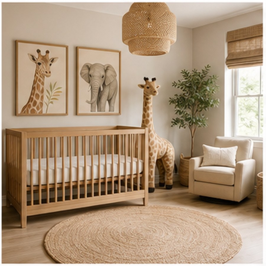 Generated safari nursery with animal art, wood crib, and warm neutral palette.