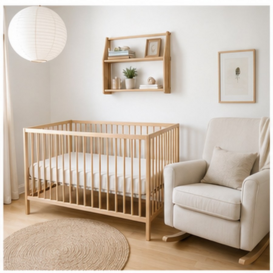 Generated Scandinavian nursery with pale wood, white walls, and simple storage.