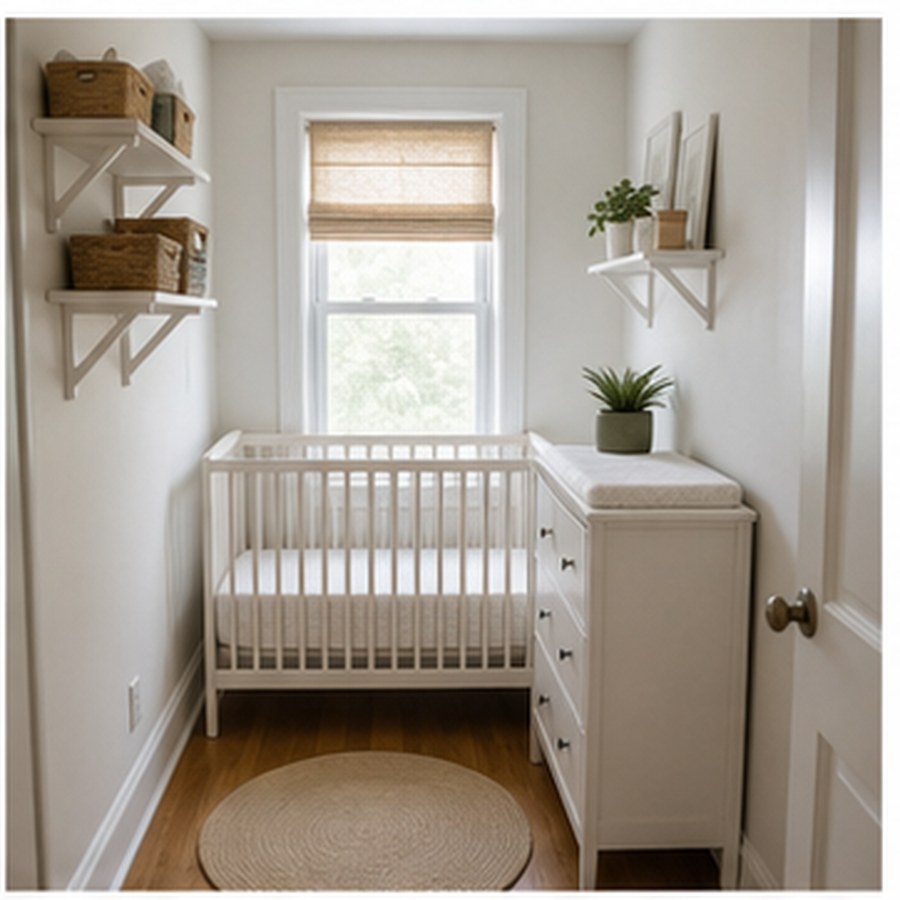 Generated tiny nursery with compact crib, dresser, shelves, and safe clear path.