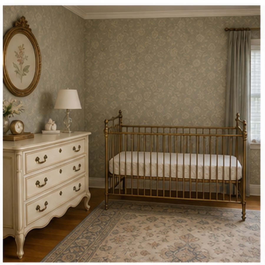 Generated vintage nursery with antique-style dresser, muted wallpaper, and empty crib.