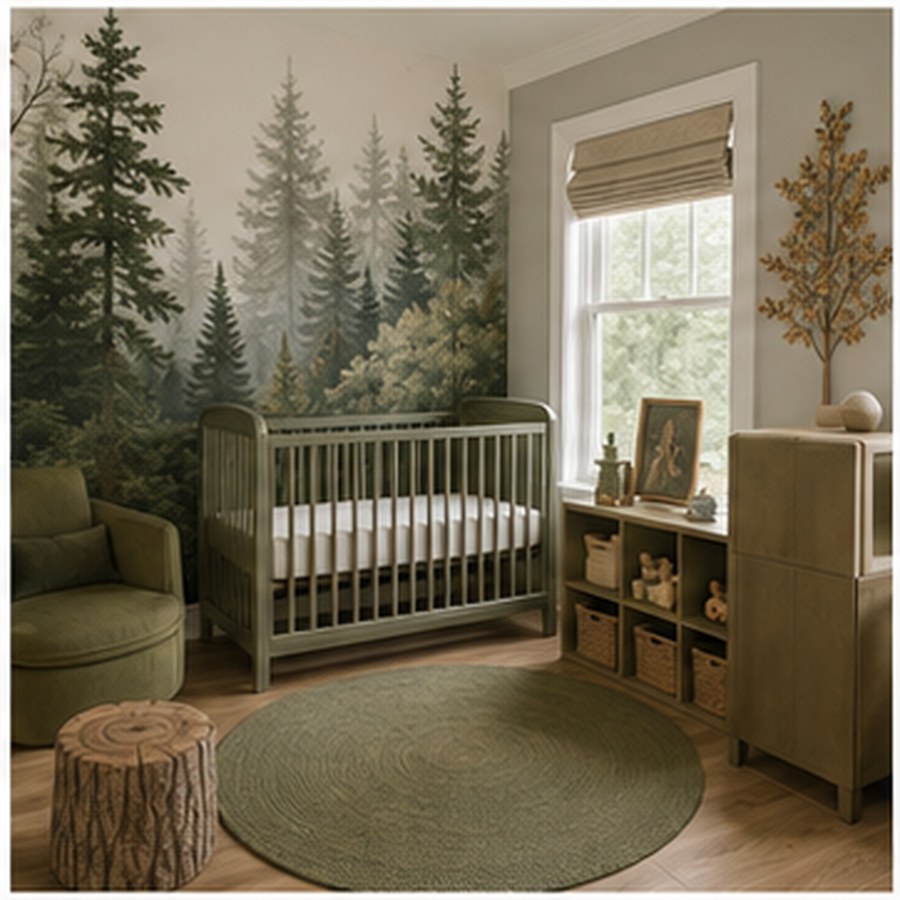 Generated woodland nursery with forest mural, sage rug, and empty safe crib.